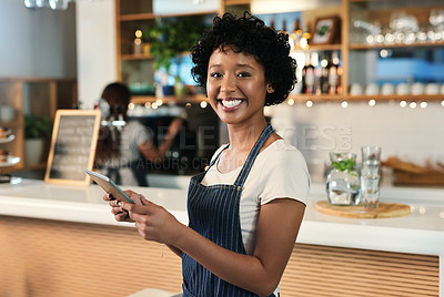 Buy stock photo Happy woman, tablet and portrait of waitress at cafe for order, inventory or checking stock at restaurant. Female person, barista or employee on technology in small business management at coffee shop
