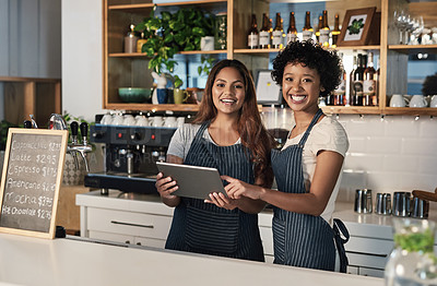 Buy stock photo Happy woman, tablet and portrait of waitress team at cafe for inventory, checking stock or order at restaurant. Barista women or small business teamwork on technology at coffee shop in online service