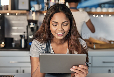 Buy stock photo Happy woman, tablet and waitress at cafe for order, inventory or checking stock in management at restaurant. Female person, barista or employee on technology managing small business at coffee shop