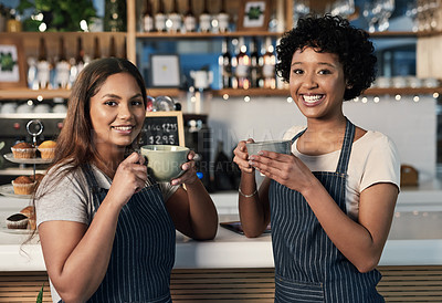 Buy stock photo Portrait of two young women drinking coffee together while working in a cafe