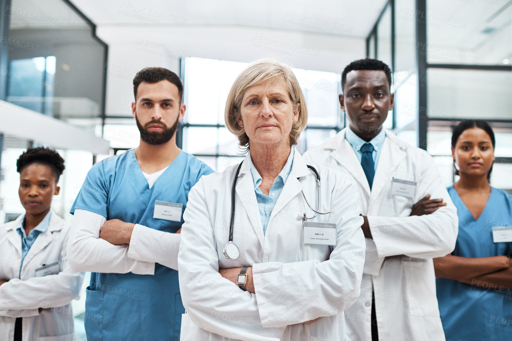 Buy stock photo Portrait of a group of medical practitioners standing together in a hospital