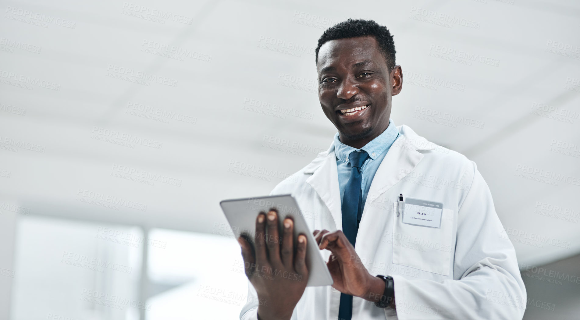 Buy stock photo Healthcare, portrait and black man with tablet for online patient report, results review and diagnosis. African doctor, medical research and communication in hospital, clinic or health facility