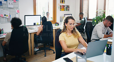 Buy stock photo Woman, office and laptop with research for project with information, idea and notes as graphic designer. Female employee, work and creative in startup company with career, growth and opportunity