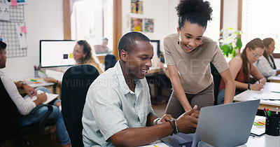 Buy stock photo Diversity, people talking and with laptop at desk help in coworking office at their workplace. Teamwork or collaboration, technology or communication and colleagues work together with assignment 