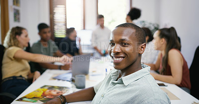 Buy stock photo Teamwork, portrait of businessman and people in a business meeting. Collaboration or diversity, communication or planning and coworkers talking or brainstorming at a table at their workplace