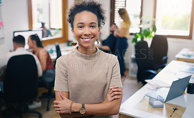 Buy stock photo Woman, happy and portrait of designer with arms crossed in office workplace for business. Face, confidence and graphic design, African female person or creative entrepreneur, professional and success
