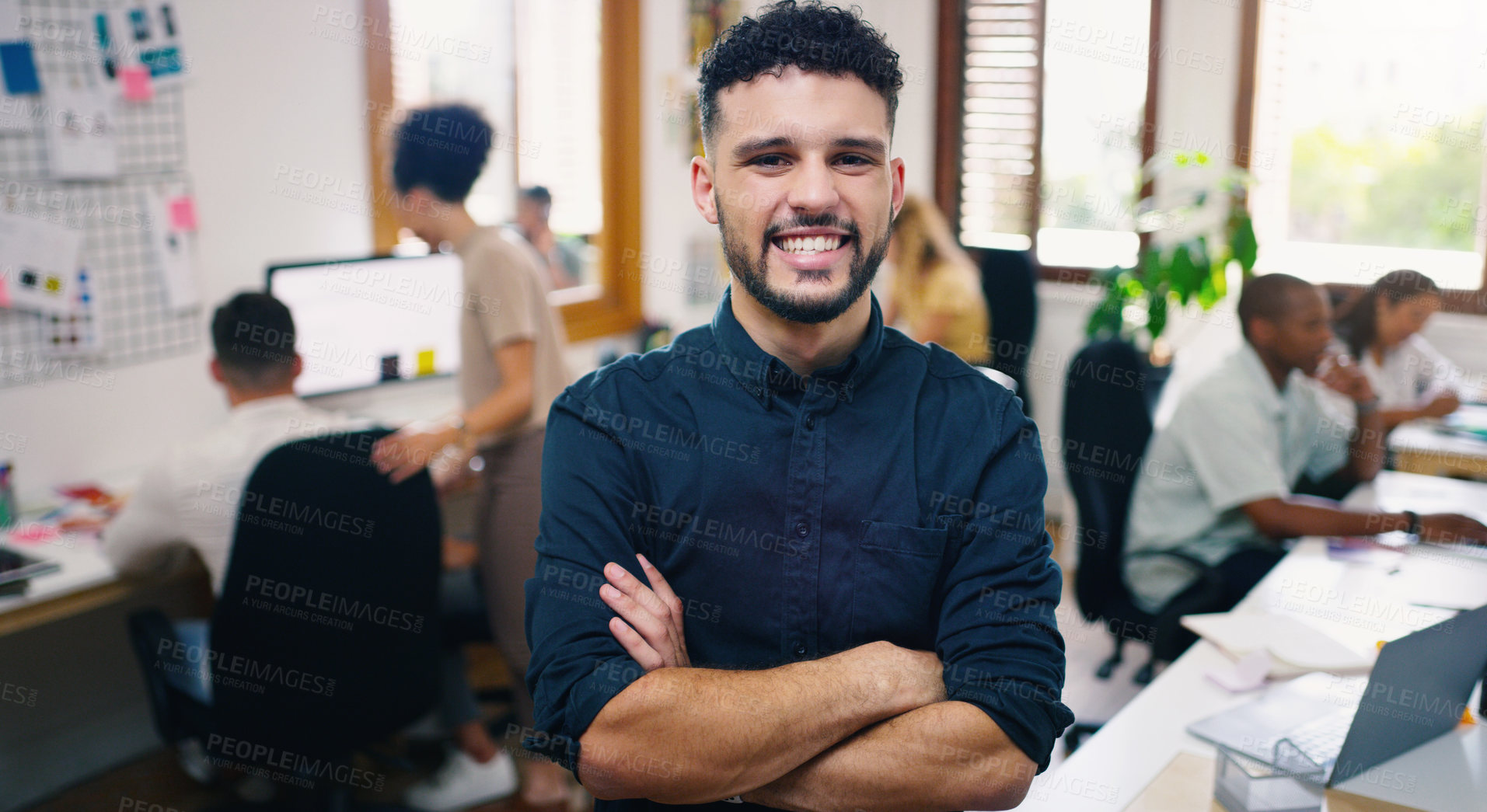 Buy stock photo Man, happy and portrait of designer with arms crossed in office workplace for business. Face, confidence and graphic design, male person or creative entrepreneur, professional and leadership mindset.
