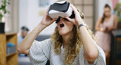 Buy stock photo Virtual reality, future and shocked woman in the metaverse, digital or VR in a technology agency or futuristic startup company. Smile, fantasy and surprised person using internet 3D web tech online