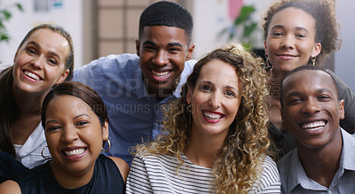 Buy stock photo Portrait, business people and group with a smile, professional and career with startup success. Face, staff or team with collaboration, partnership and teamwork with happiness, growth and development