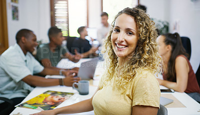 Buy stock photo Woman, portrait and smile with office, meeting and collaboration for small business startup. Team, planning and brainstorming with discussion, conversation or coworking for online design agency