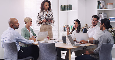 Buy stock photo Business, woman and leadership with brainstorming at a presentation about a strategy for profession. Female professional, group and leader with team for online and research for collaboration.