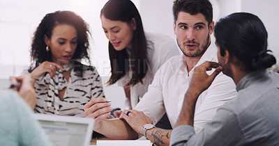 Buy stock photo Collaboration, meeting and planning with business people talking in boardroom of office together. Company, project management or teamwork with man and woman employee group in workplace for strategy