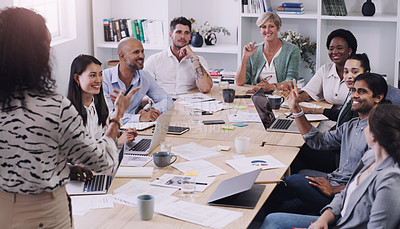 Buy stock photo Professional, people and listen to a presentation in the boardroom with creative planning. Diversity, group and business listening to presenter for a collaboration and startup online at the office.