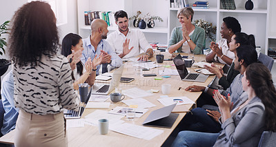 Buy stock photo Group, business and people applause for teamwork and collaboration with creative ideas at the office. Professional, team and applauding with support in the boardroom for feedback in a startup.