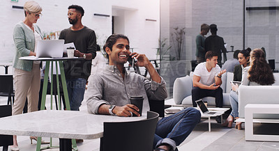 Buy stock photo Businessman, phone call and smile in workplace for project, brainstorming and sitting on chair. Teamwork, meeting and communication in office for global startup company, research and digital agency
