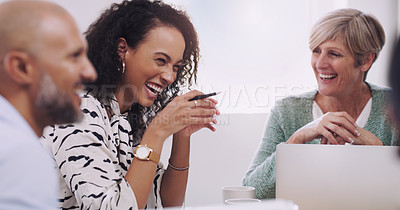 Buy stock photo Collaboration, laughing and meeting with business people talking in boardroom of office together. Company, project management or teamwork with funny man and woman employee group in design workplace