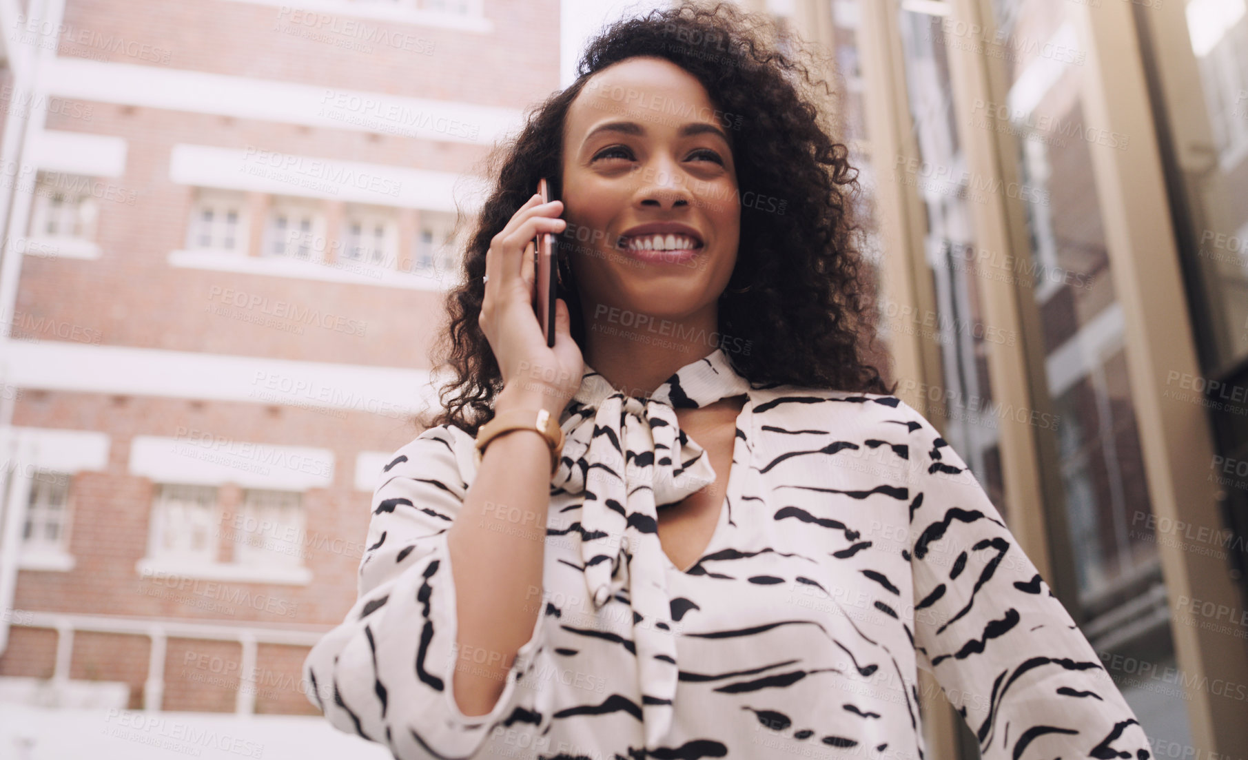 Buy stock photo Walking, talking and happy woman in city with phone call for networking, negotiation or agenda for office building. Business, discussion and realtor on sidewalk with smartphone, chat or communication