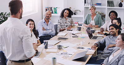 Buy stock photo Diversity, businesspeople planning and sitting at table in a boardroom at workplace. Presentation or business meeting, collaboration and people talking or brainstorming together at their work