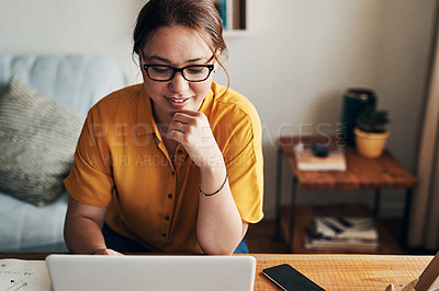 Buy stock photo Remote work, smile or woman on laptop for copywriting, internet and research for startup project. Home, writer or freelancer on technology for typing update and connection with online information