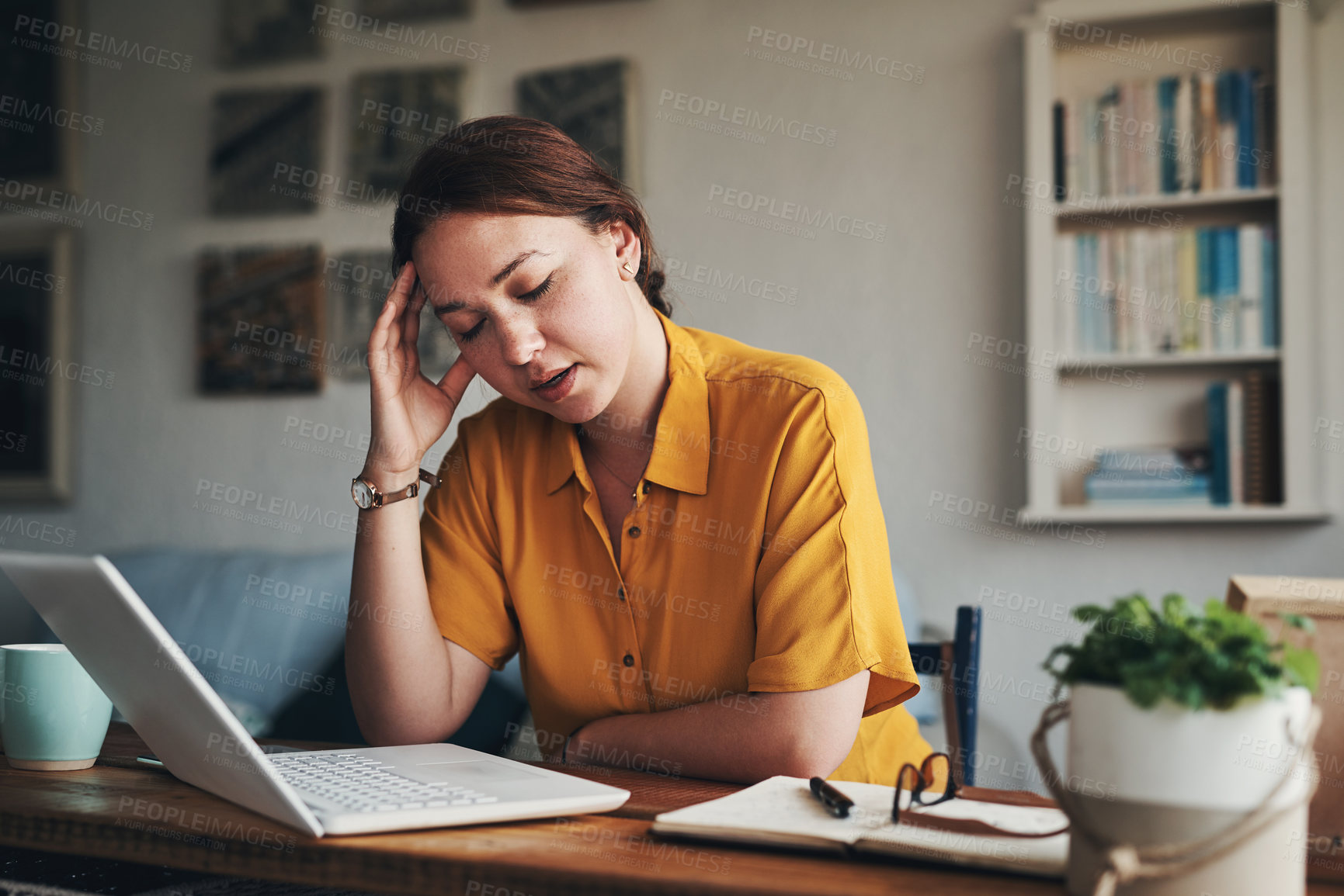 Buy stock photo Woman, laptop and stress with thinking for writing, blog or article in home office. Journalist, anxiety and headache for remote work, planning or research for copywriting or freelance career in house