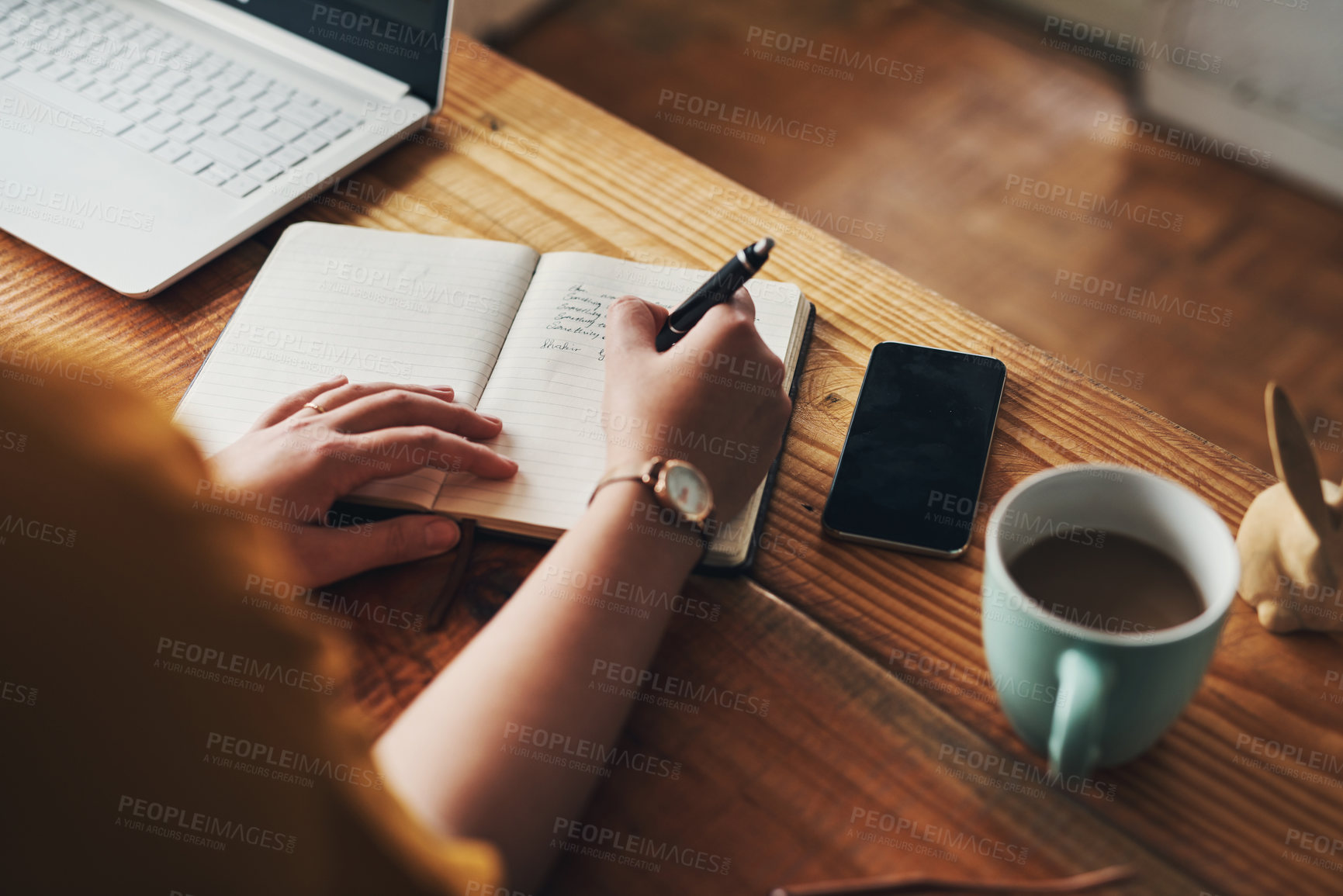 Buy stock photo Hands, diary and writing with notes for project, blog or article in home office. Journalist, thinking and notebook for remote work, planning or research for copywriting or freelance career in house