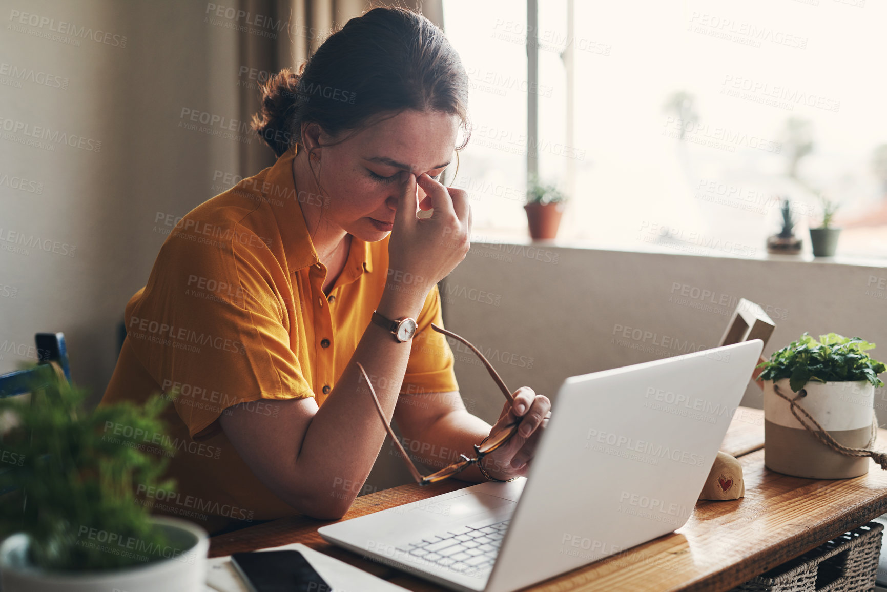 Buy stock photo Woman, laptop and anxiety with eye strain for writing, blog or article in home office. Journalist, headache and stress for remote work, planning or research for copywriting freelance career in house