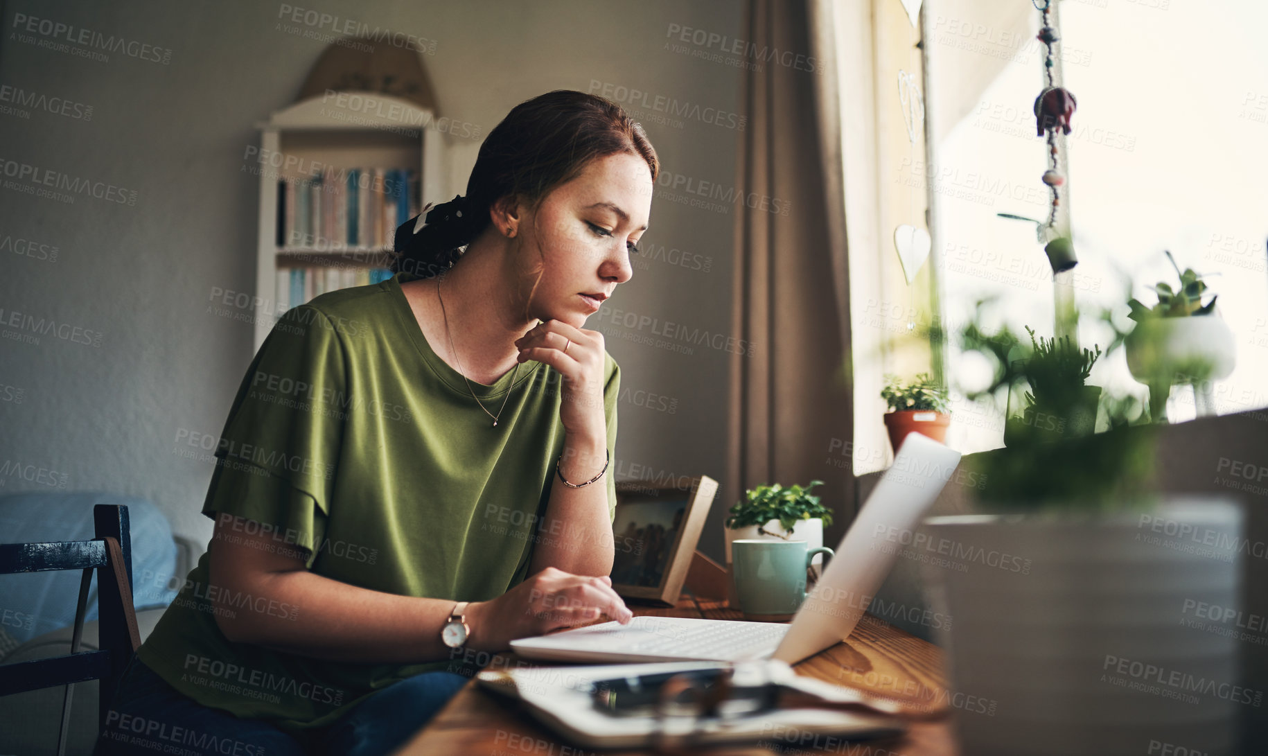 Buy stock photo Woman, laptop and thinking with remote work from home office, review and planning for creative project. Person, writer and freelancer with editing process, feedback and reading with report in house