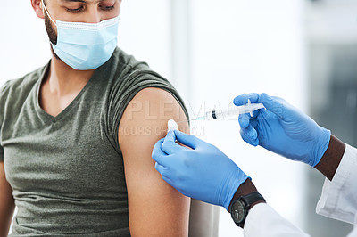 Buy stock photo Covid, vaccine and man doctor with cotton in healthcare consultation for safety or prevention. Corona, vaccination and arm injection for guy person by physician in gloves for hospital compliance