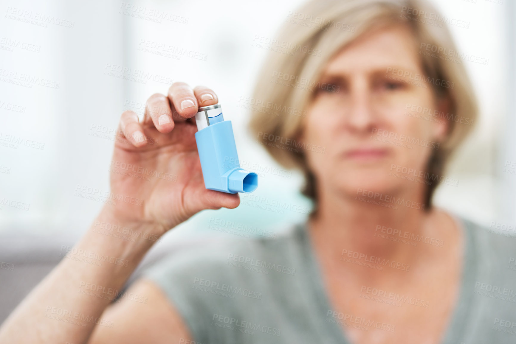 Buy stock photo Hand, asthma inhaler and healthcare for old woman, medical and pharmaceutical product and illness. Hospital, health and senior person with treatment for lungs, pump and medicine for respiratory