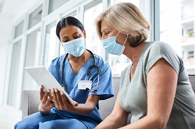 Buy stock photo Doctor, senior woman and tablet with mask for covid consultation and digital results. Patient, nurse and tech data with a female person with communication and health insurance information at clinic