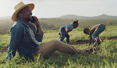 Buy stock photo Farm, work and man in phone call with smile for production planning, networking and sustainability. Black family, father and children with farming for development, learning and harvest in Ethiopia