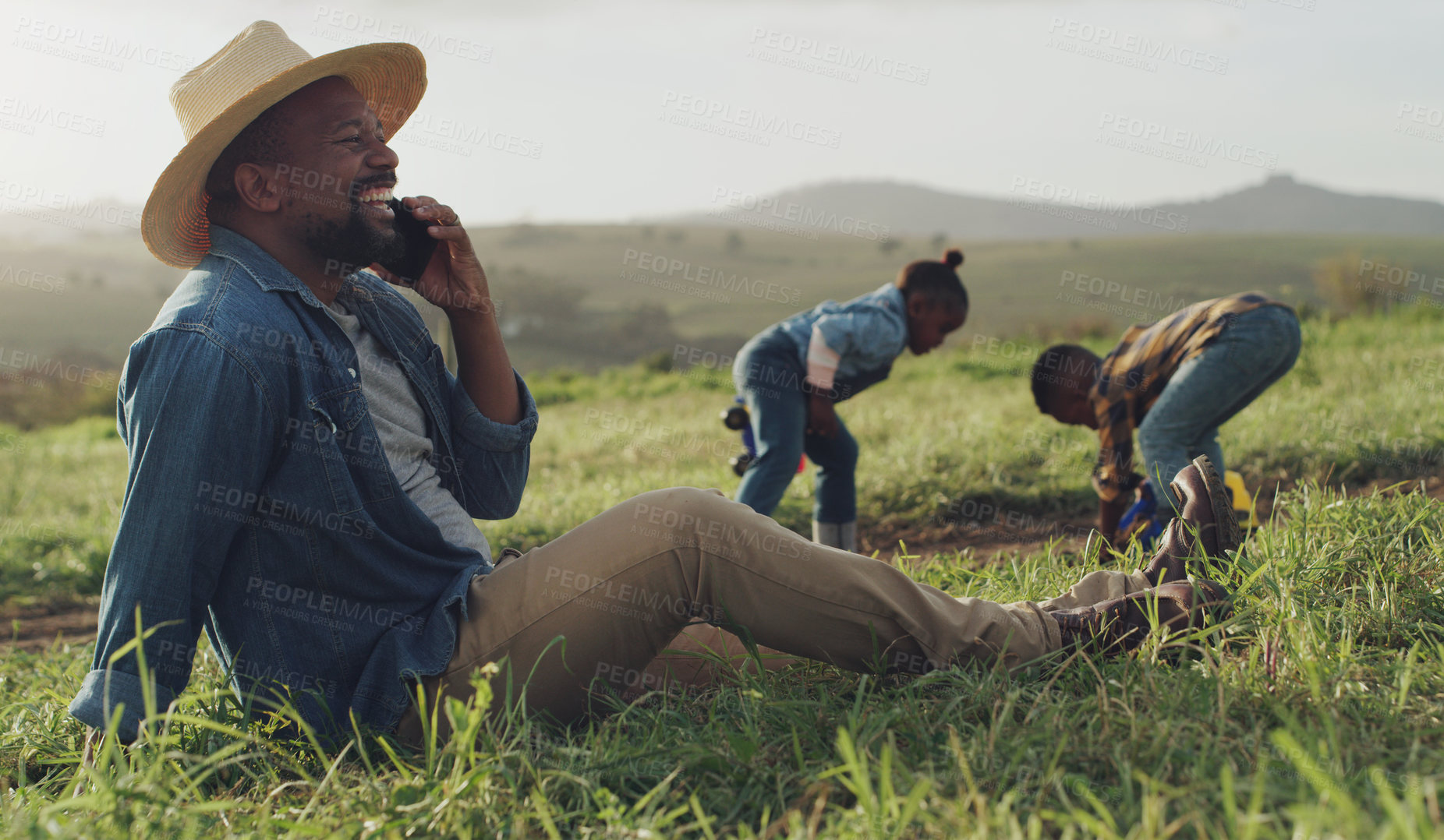 Buy stock photo Farm, work and man in phone call with smile for production planning, networking and sustainability. Black family, father and children with farming for development, learning and harvest in Ethiopia