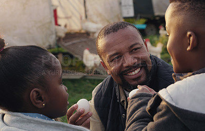 Buy stock photo Father, kids and farming with chicken eggs at countryside for agriculture, teaching and development. Black family, man and children with poultry on farm for learning, harvest and livestock in Nigeria