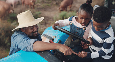 Buy stock photo Black man, kids and tractor on farm for sustainability, environment and agriculture in countryside. Father, children and learning together for development, motor skills and gardening for clean energy