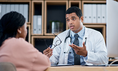 Buy stock photo Doctor talking to patient in medical consultation, checkup and visit in clinic, hospital and healthcare center. Professional, gp and frontline worker explaining symptoms while asking woman questions