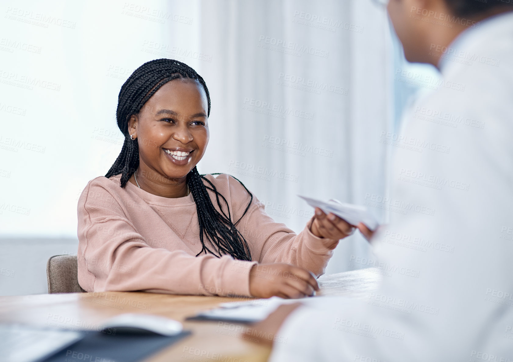 Buy stock photo Patient receiving medical script, prescription and sick note from a doctor during a consult, checkup and visit in a hospital or clinic. Smiling woman happy with good healthcare service and treatment