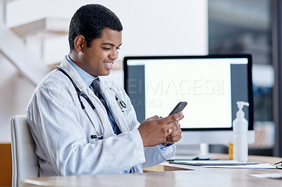 Buy stock photo Doctor consulting with an online patient on video call on a phone, doing telemedicine and listening during a medical appointment. Happy, smiling professional worker reading email and checking planner