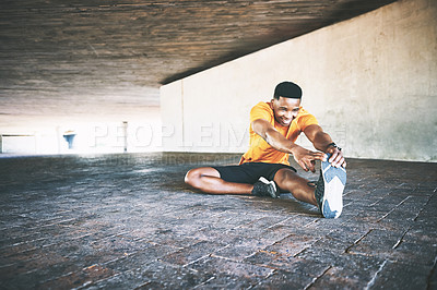 Buy stock photo Ground, black man and legs with stretching for training, prevent injury and prepare for marathon challenge. City parking, male person and runner with warm up for exercise, fitness and smile by space