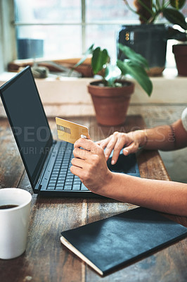 Buy stock photo Hands, person and typing on laptop with credit card for online shopping, investment and payment. Employee, digital and ecommerce with transaction information, upgrade inventory and banking expenses