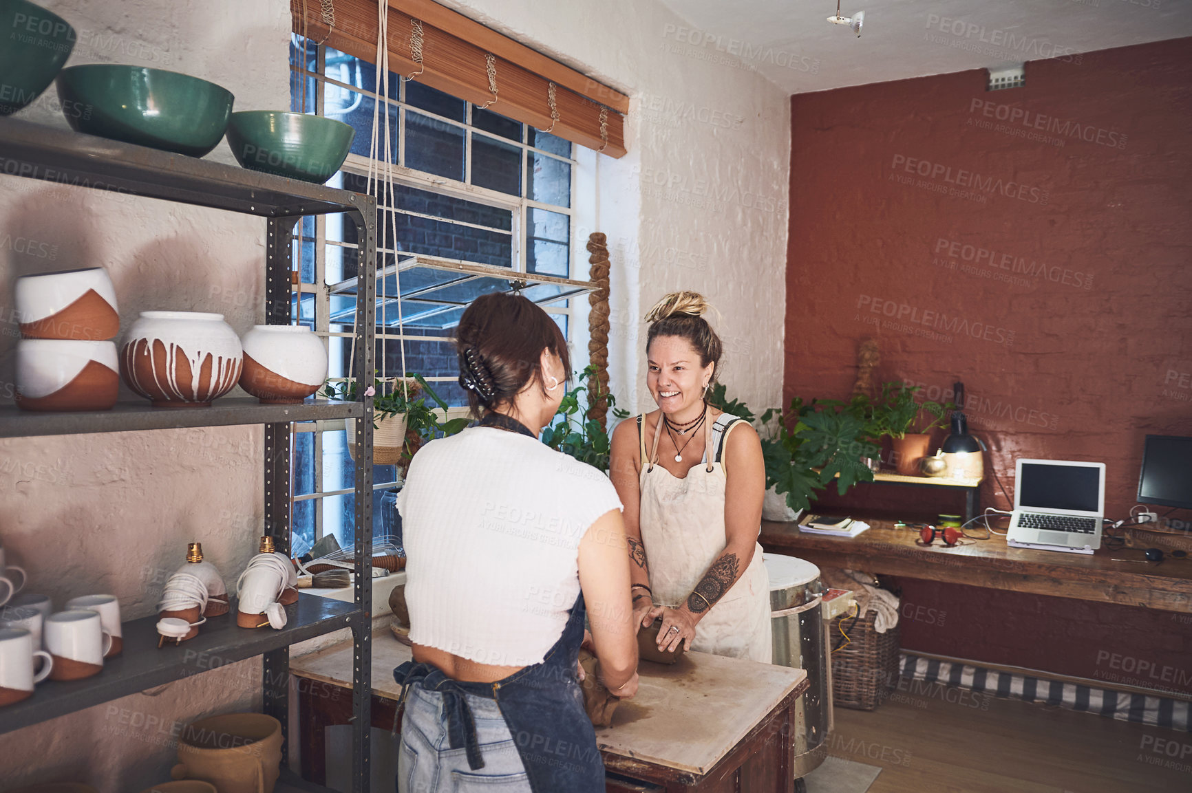 Buy stock photo Pottery, teamwork and clay with women in store for partnership, small business and creative. Sculpture, production and art process with people in studio for gallery, ceramic and talent together