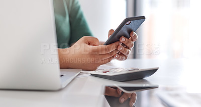 Buy stock photo Social media, work and hands with a phone at a desk for communication, typing and email check. Accounting, contact and an accountant with a mobile for an investment app, connectivity and business