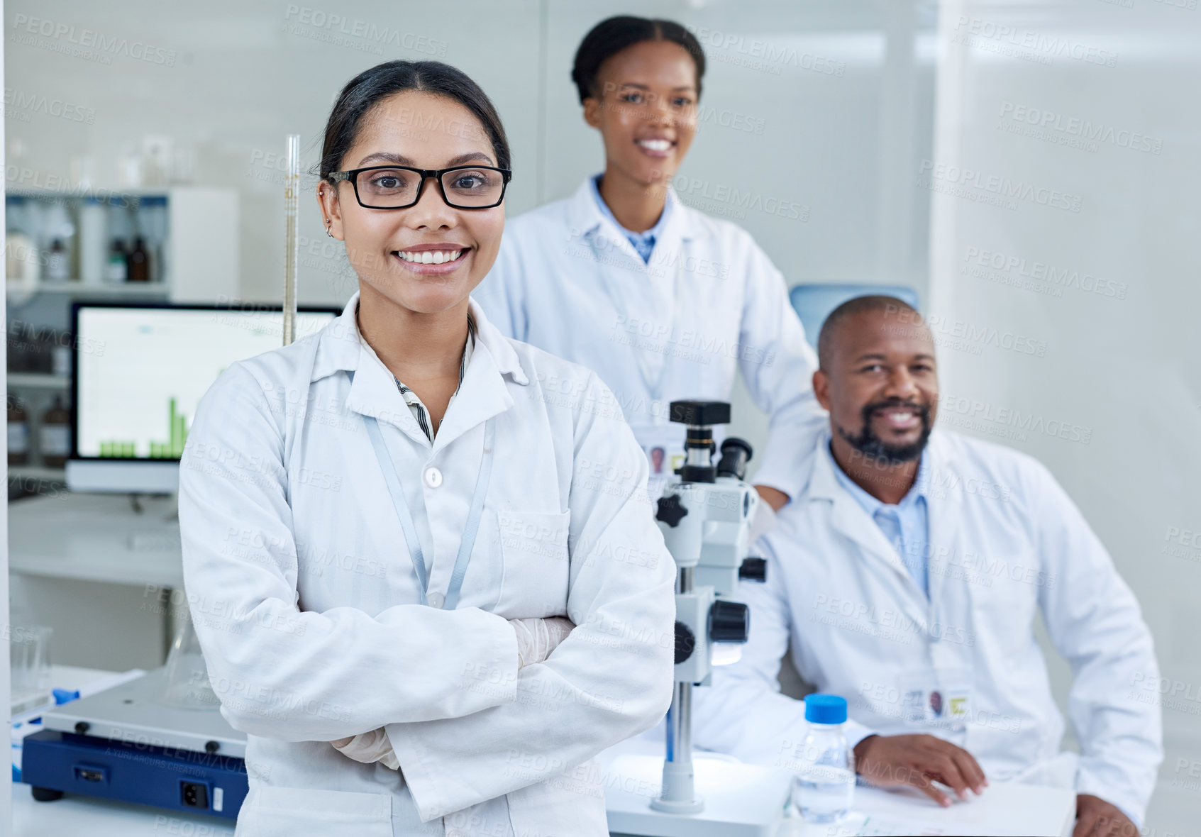 Buy stock photo Portrait of a group of scientists working in a lab