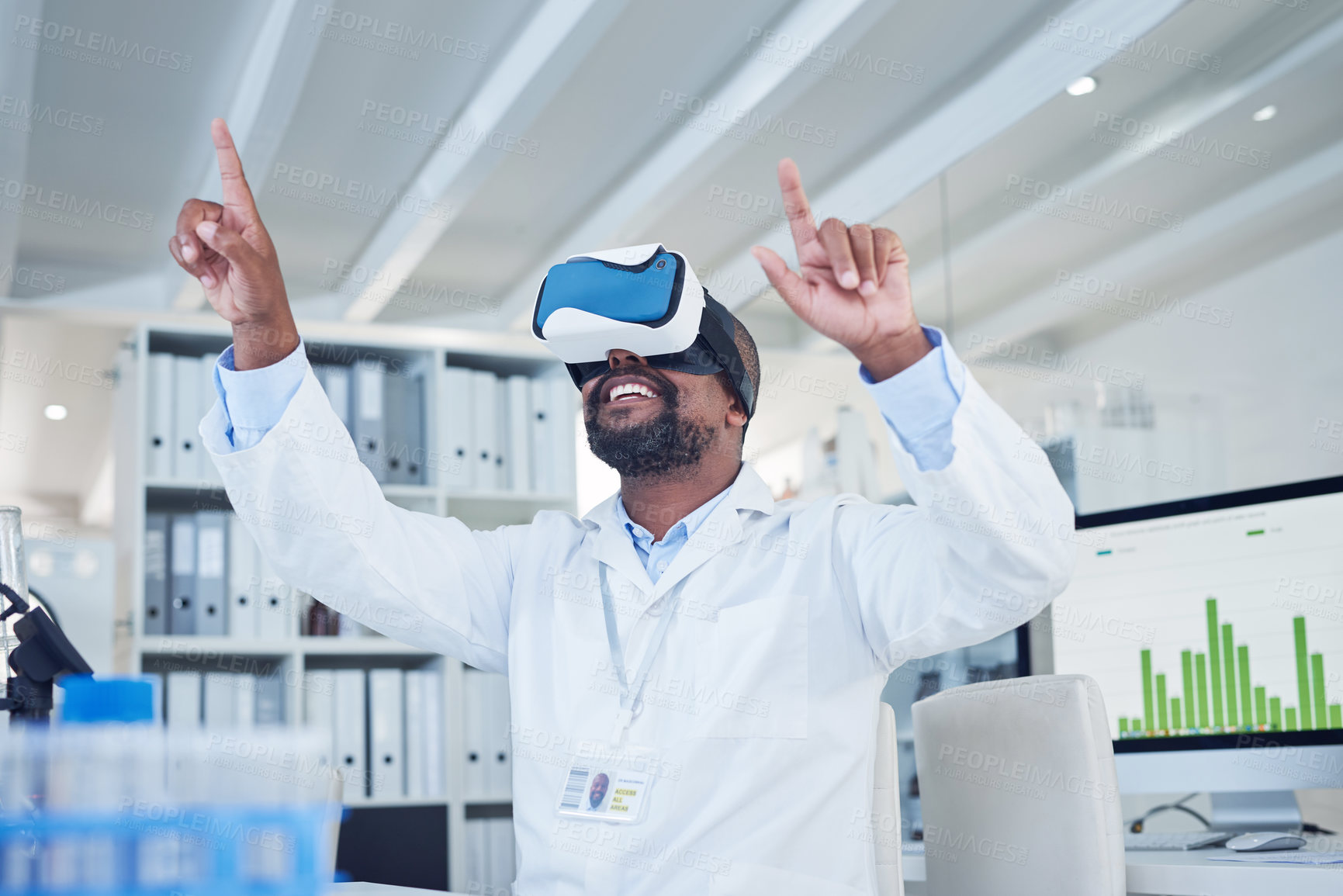 Buy stock photo Shot of a mature scientist using a virtual reality headset while working in a lab