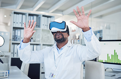 Buy stock photo Shot of a mature scientist using a virtual reality headset while working in a lab