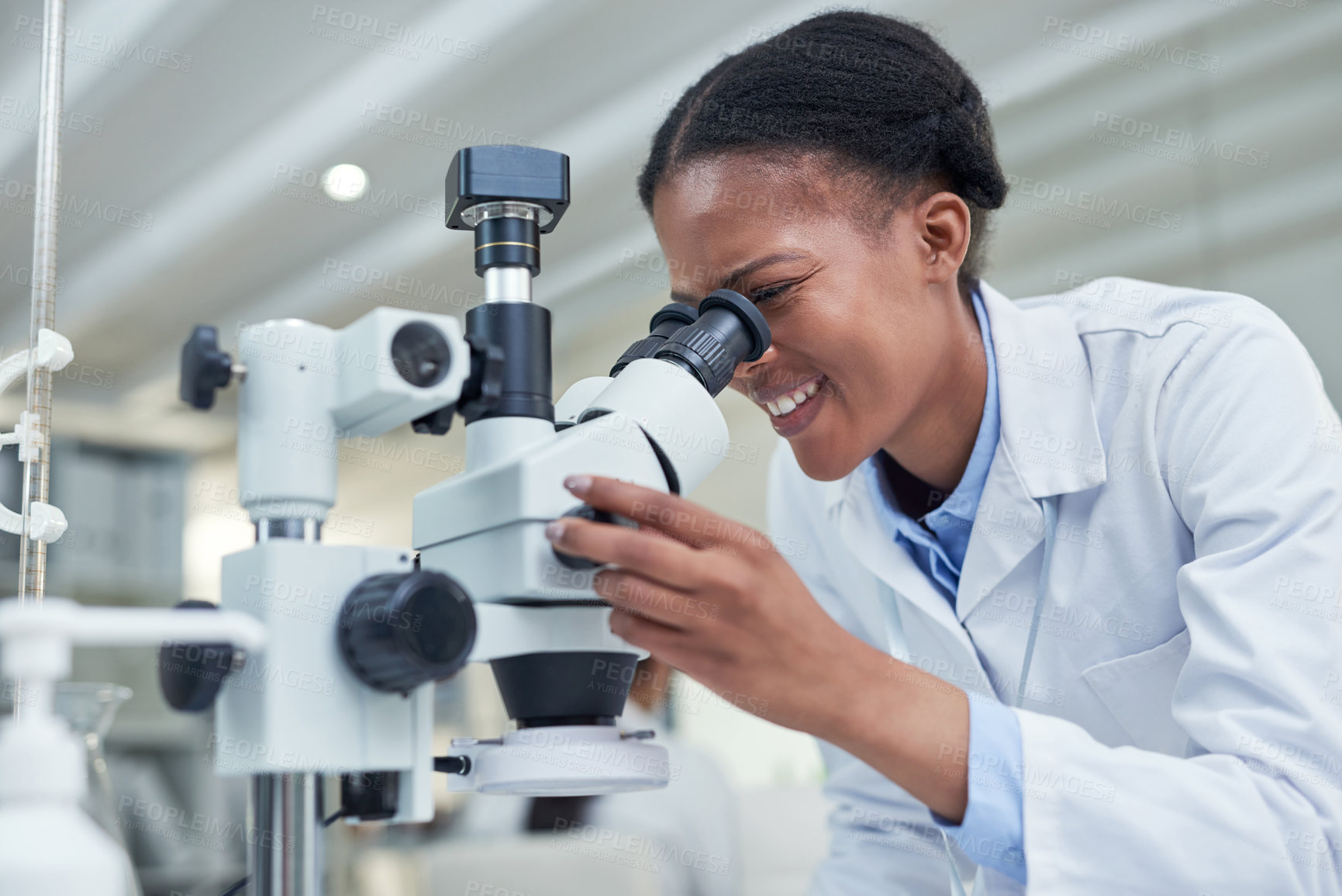 Buy stock photo Shot of a young scientist using a microscope in a lab