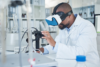 Buy stock photo Medical science, virtual reality and a man with a headset for innovation, future and research. Black male person as a scientist with vr glasses for ai healthcare, metaverse and 3d medicine in a lab