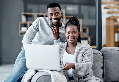 Buy stock photo Happy couple browsing on a laptop, banking online and applying for a home loan, mortgage bond or insurance. Portrait of a black man and woman managing finances and studying with online education