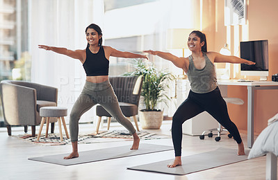 Buy stock photo Friends, yoga and women exercise together in a house for health, balance or wellness. Happy Indian sisters or female family in a home for stretching workout, warrior pose and fitness with a partner