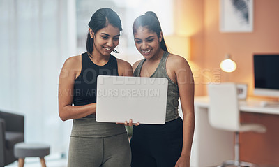 Buy stock photo Women, friends and laptop for exercise at home together with happiness, health and wellness. Indian sisters or female family in lounge for online class, website or fitness workout video with coaching