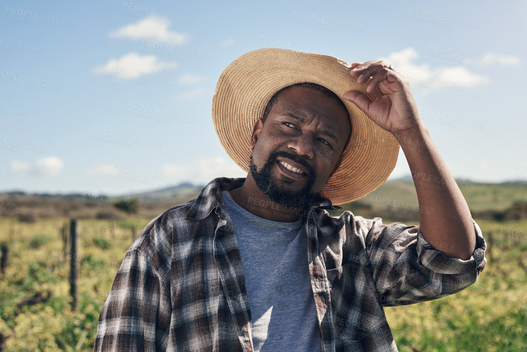 Buy stock photo Agriculture, smile and black man on farm for thinking, sustainability and environment or ecology. Happy, farmer and countryside field for pasture, crops and planning for horticulture or eco business